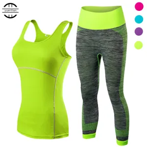 2017 YEL Hot Ladies 2 Pcs Sport Running Cropped Top 3/4 Leggings Set Gym Yoga Pants Vest Gym Trainning Clothing Free Shipping