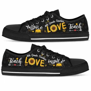 4Th Grade Teacher Sunflower Teach Love Inspire Low Top Shoes, Teacher Shoes, Low Top Sneakers