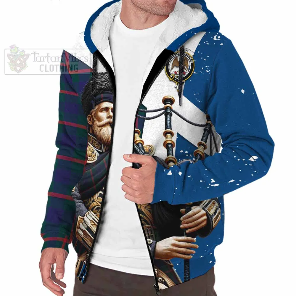 Agnew Tartan Sherpa Hoodie with Family Crest Scottish Bagpiper Vibes