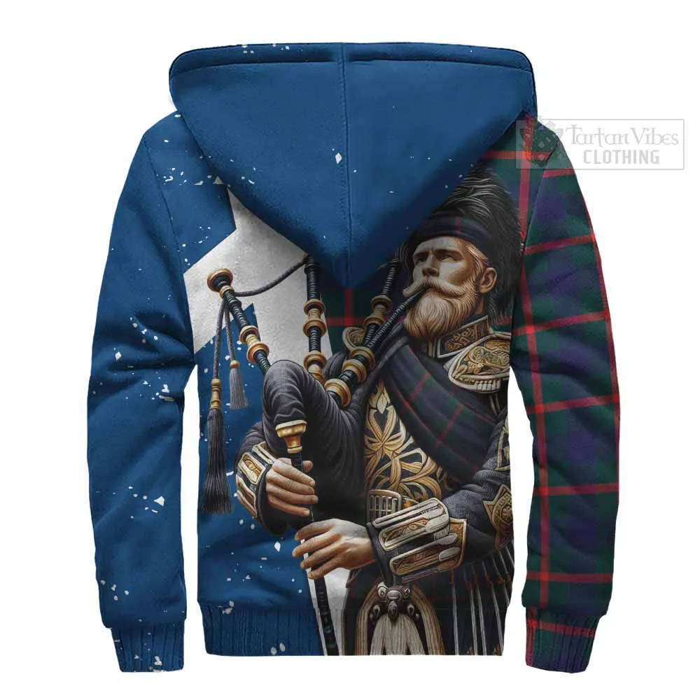 Agnew Tartan Sherpa Hoodie with Family Crest Scottish Bagpiper Vibes