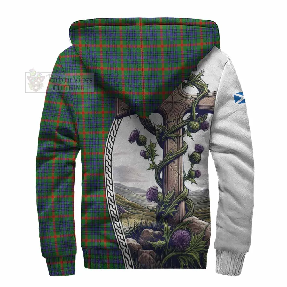 Aiton Tartan Sherpa Hoodie with Family Crest and St. Andrew's Cross Accented by Thistle Vines