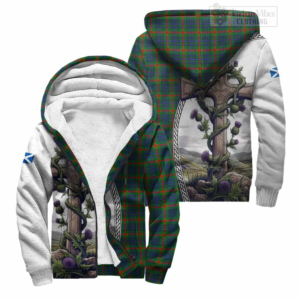 Aiton Tartan Sherpa Hoodie with Family Crest and St. Andrew's Cross Accented by Thistle Vines