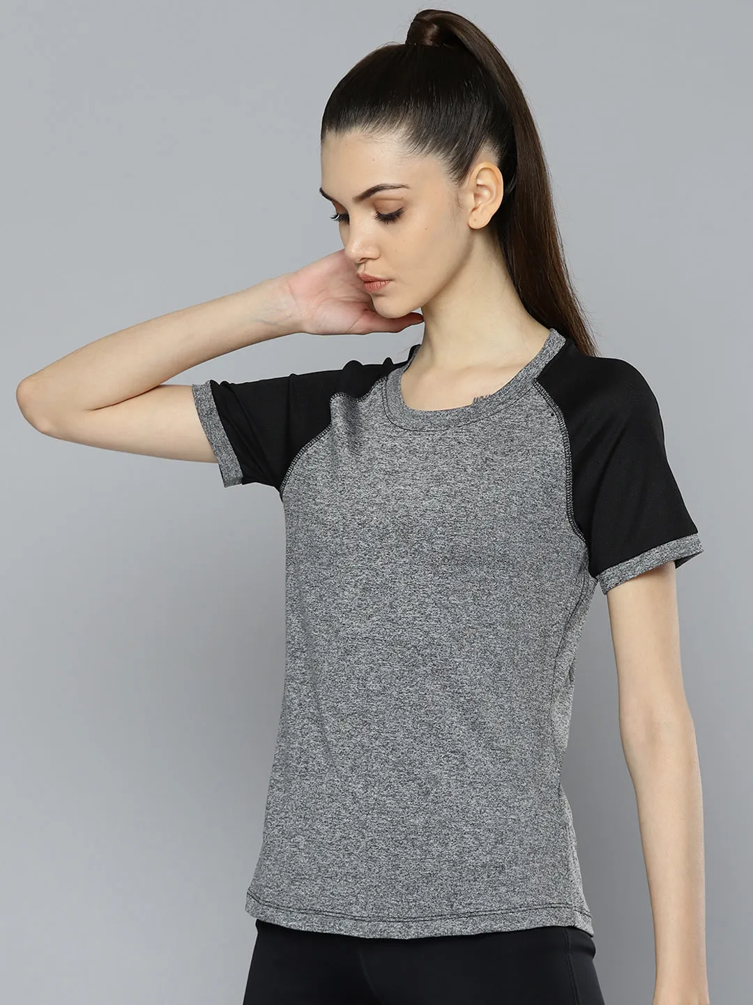 Alcis Women Grey Melange  Black Slim Fit T-shirt