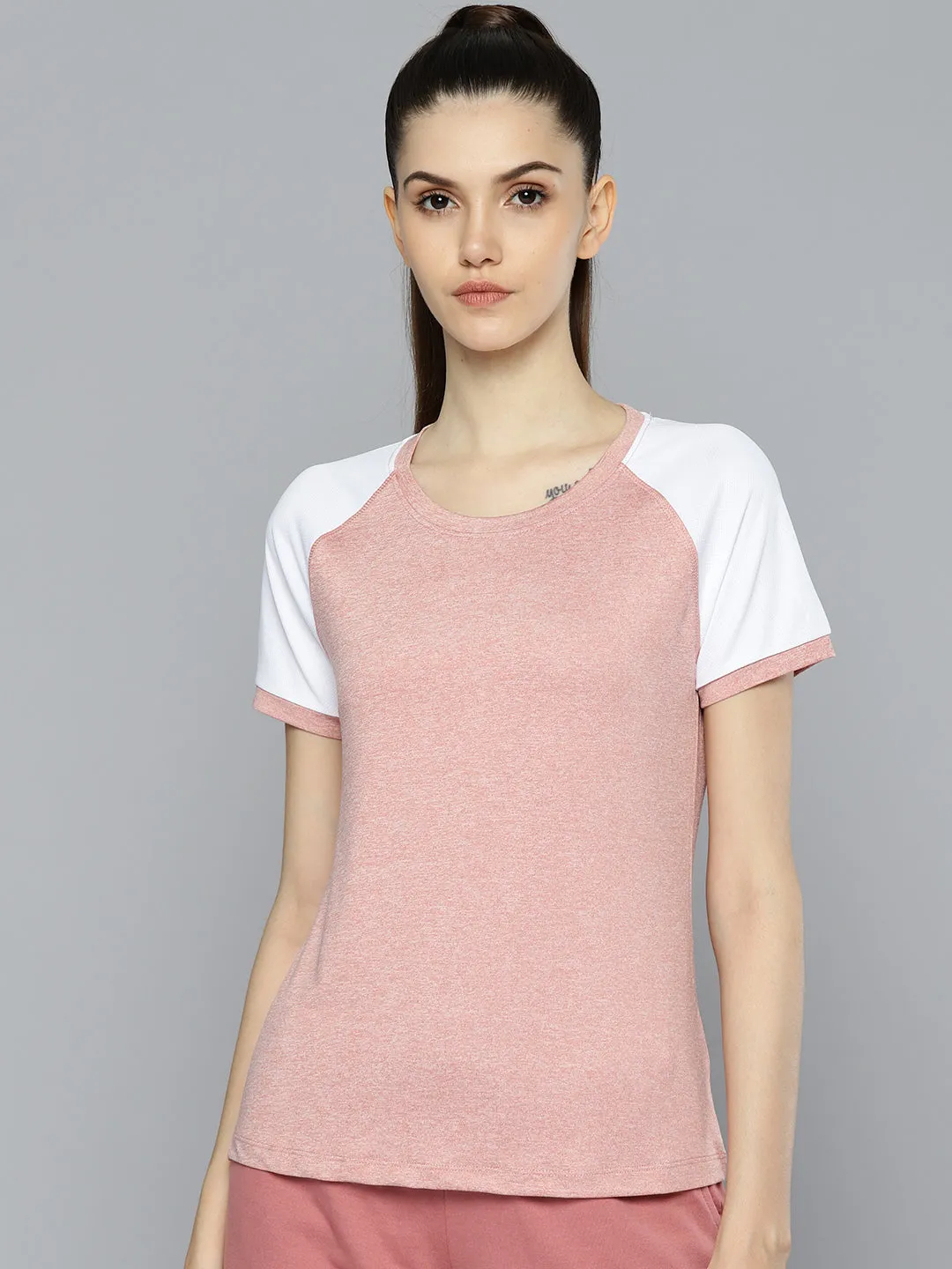 Alcis Women Pink  White Slim Fit T-shirt