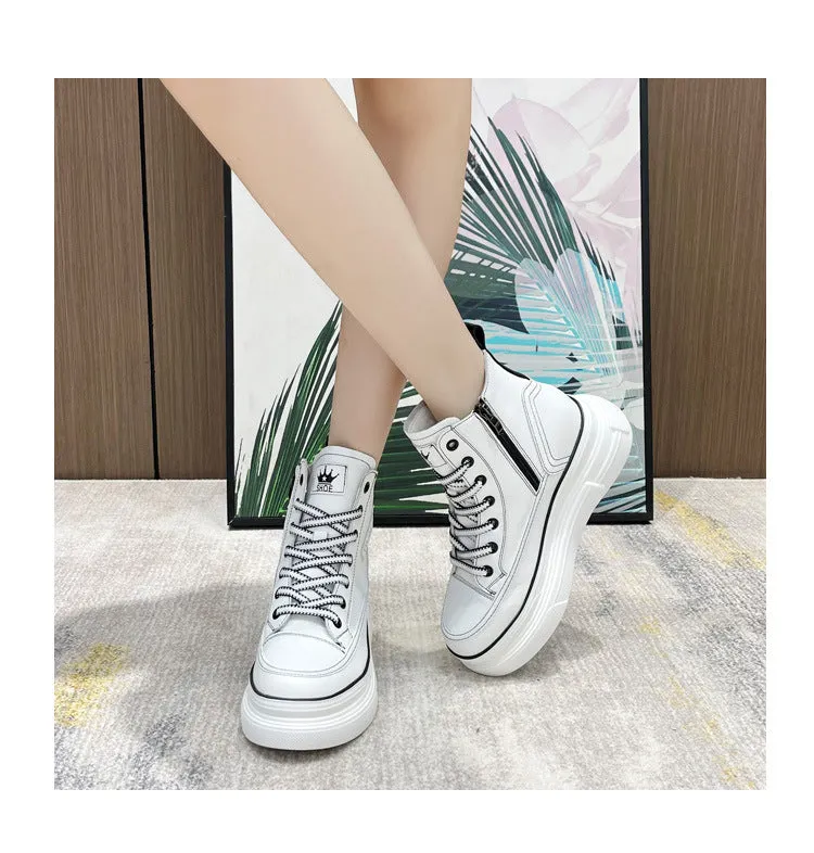 Amozae  7Cm Platform Wedge Sneakers Hidden Heel High Top Genuine Leather Women Casual Shoes Sneakers Za Fashion Casual Boots White