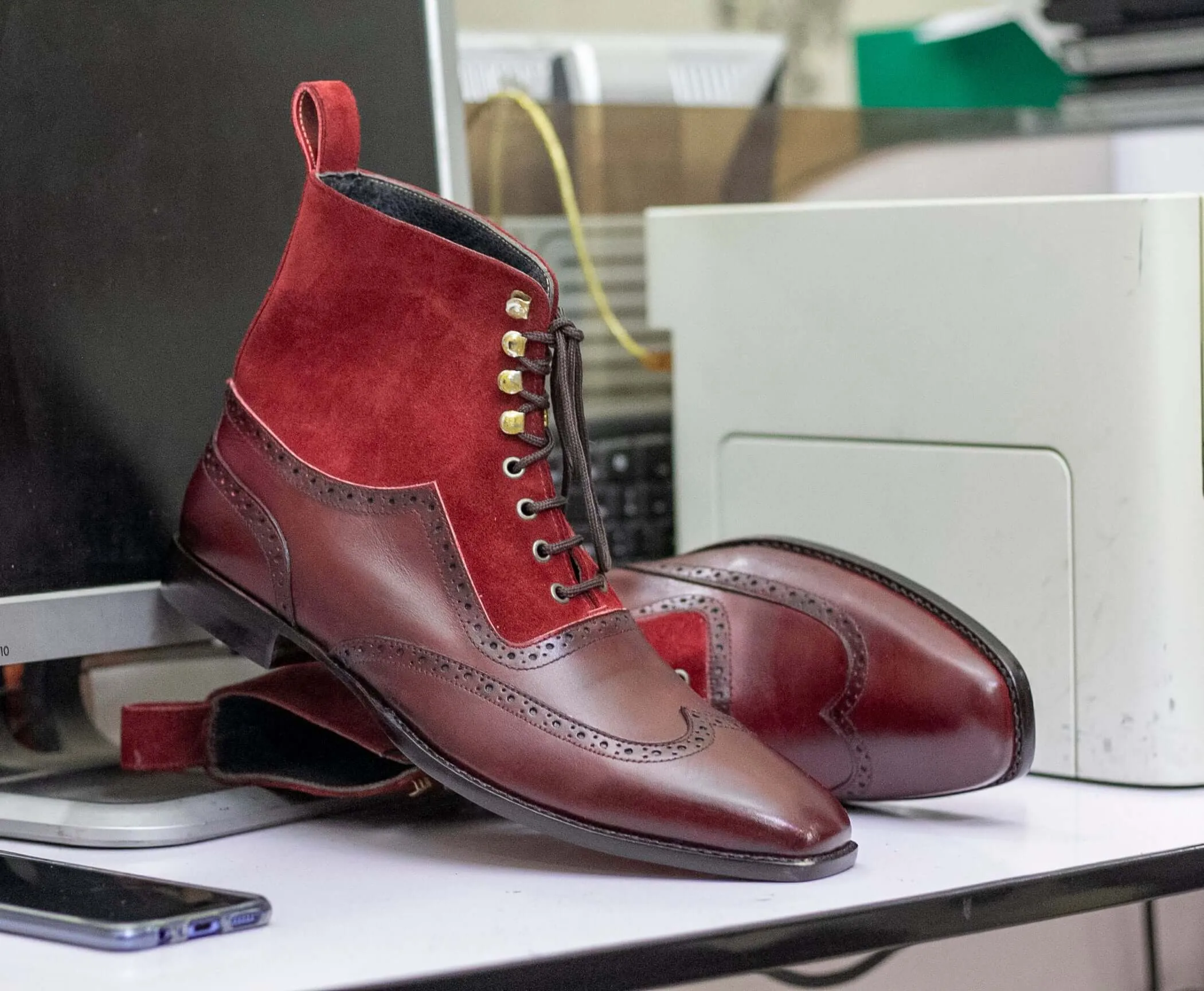 Ankle High Cordovan Leather Suede Boot, Wing Tip Style Hand Painted Boot