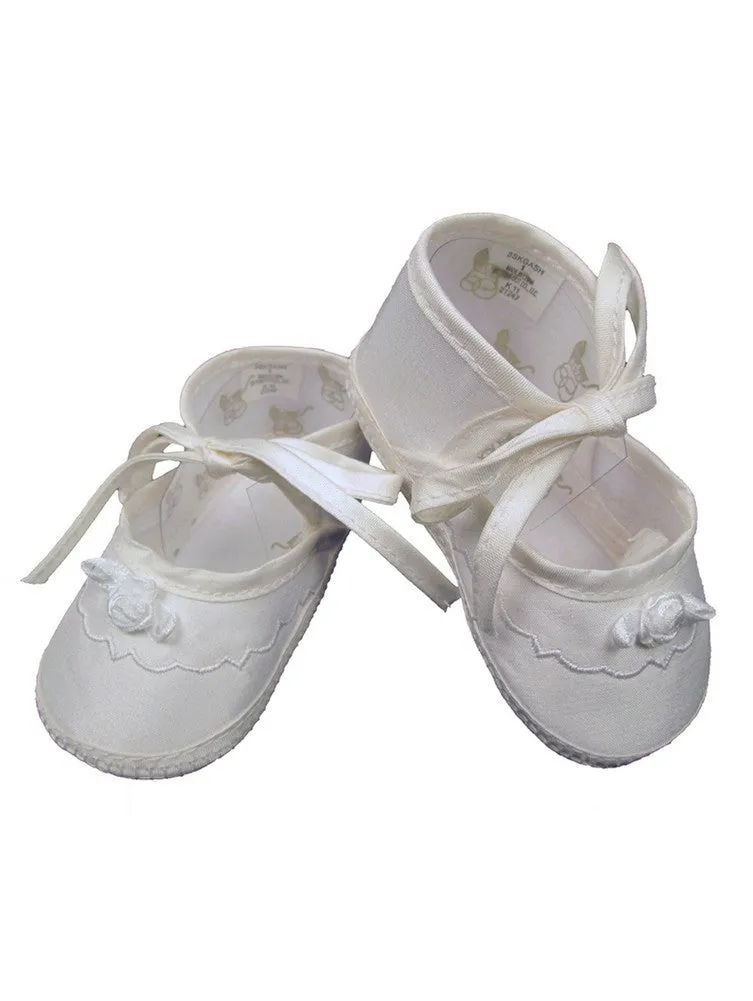 Baby Girls Champagne Silk Dupioni Embroidered Christening Shoes 0-4 Baby