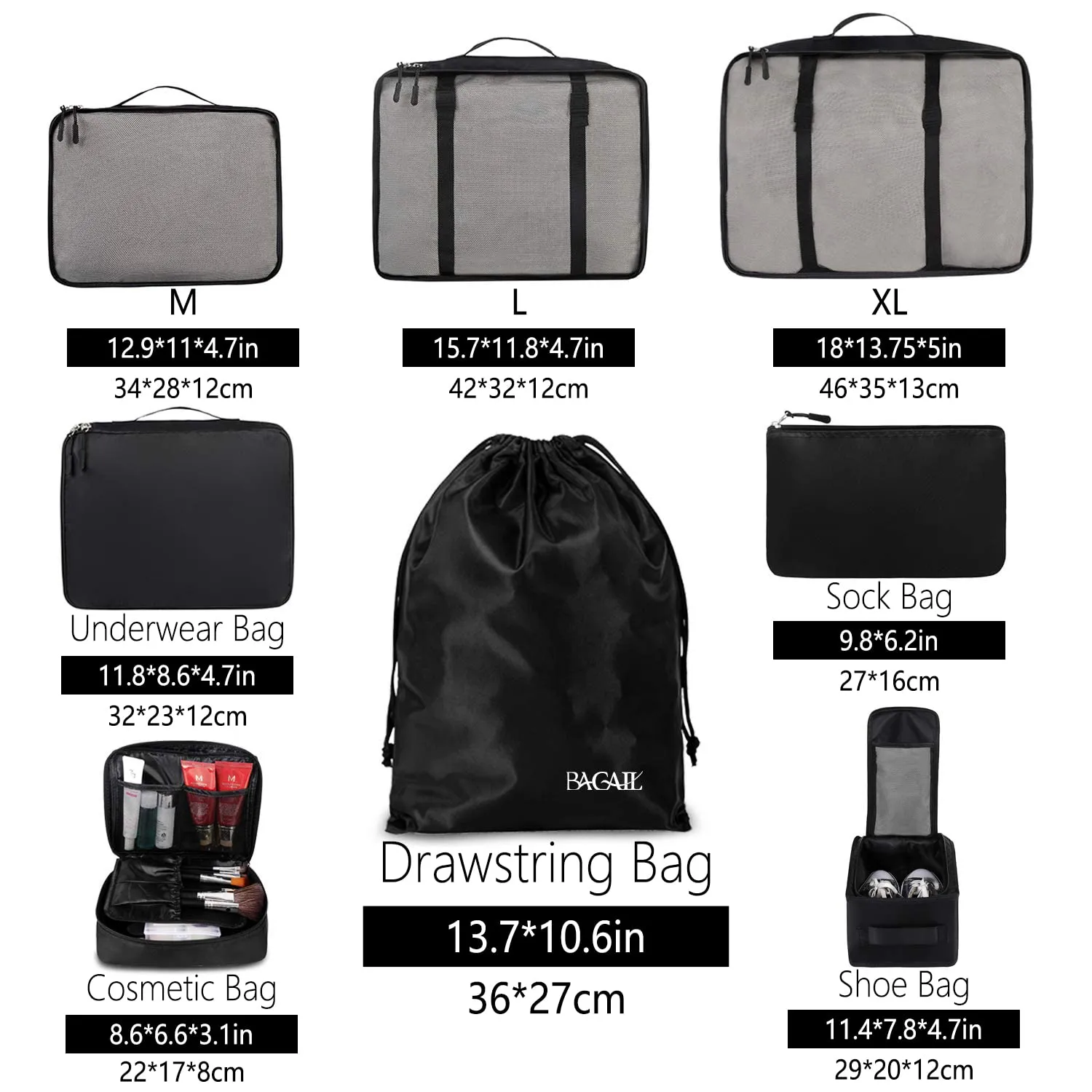 BAGAIL 8 Set Packing Cubes, Lightweight Travel Luggage Organizers with Shoe Bag, Toiletry Bag & Laundry Bag (Jet Black)