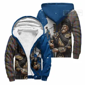 Balfour Tartan Sherpa Hoodie with Family Crest Scottish Bagpiper Vibes