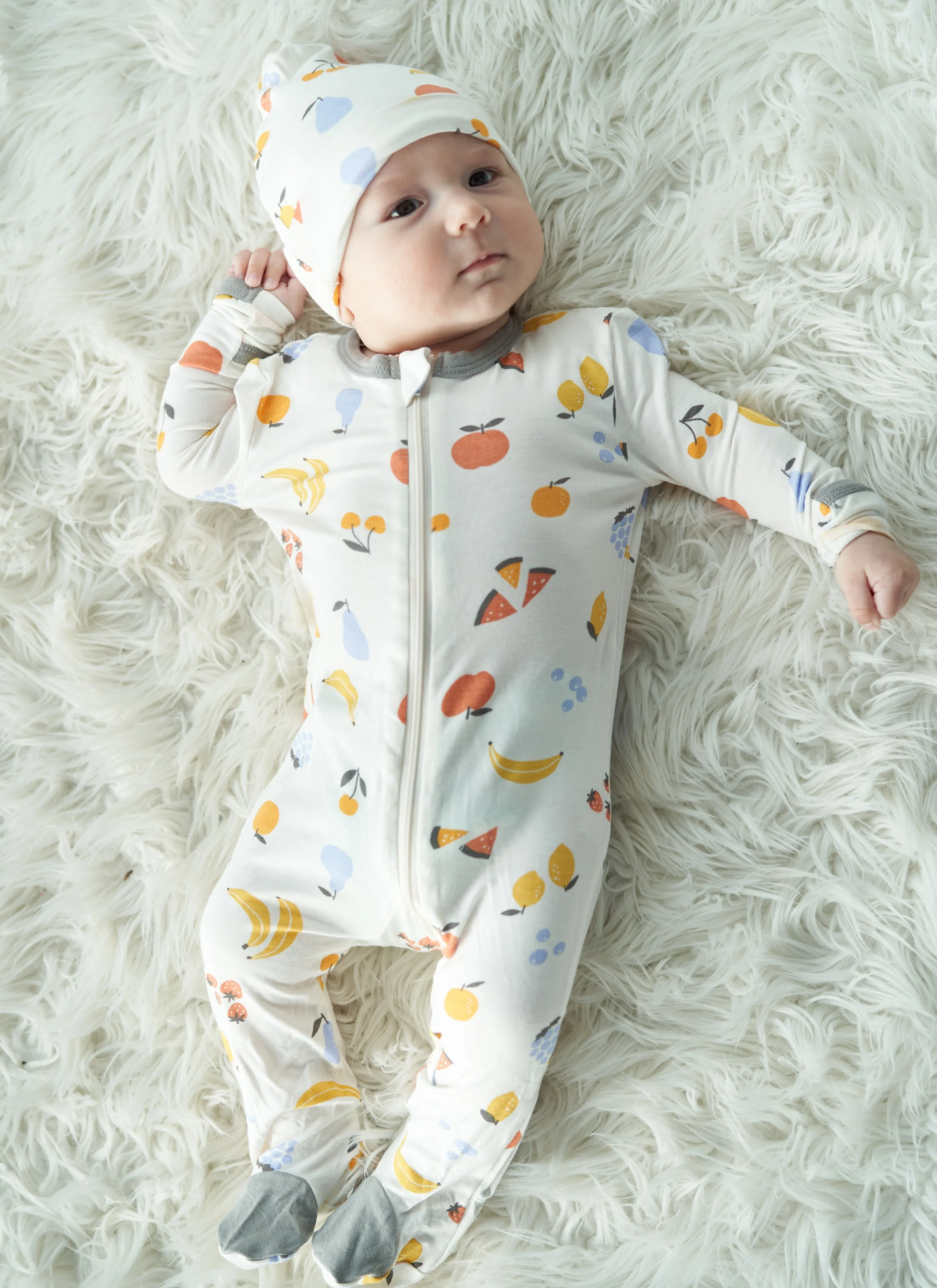 Bamboo Footies with Two Way Zipper (Fruit Salad Print)