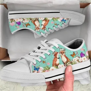 Beautiful Couple Fox Love Flower Watercolor Low Top Shoes, Animal Print Canvas Shoes, Print On Canvas Shoes