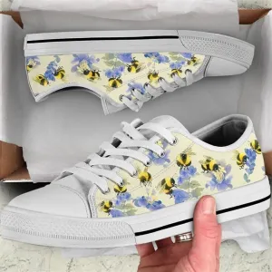 Bees Purple Flower Watercolor Low Top Shoes, Animal Print Canvas Shoes, Print On Canvas Shoes