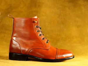 Bespoke Burgundy Lace Up Cap Toe Boot For Men's