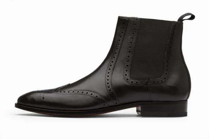 Bespoke Chelsea Black Leather Wing Tip Boot