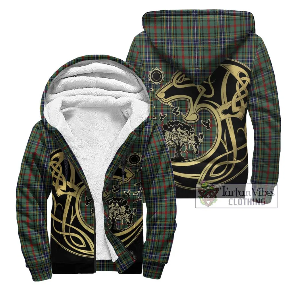 Bisset Tartan Sherpa Hoodie with Family Crest Celtic Wolf Style