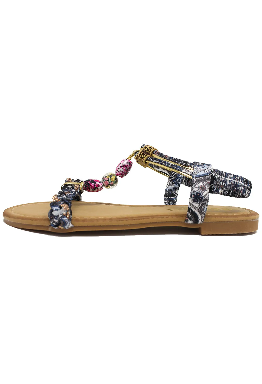 Black Multi coloured T Strap Sandal