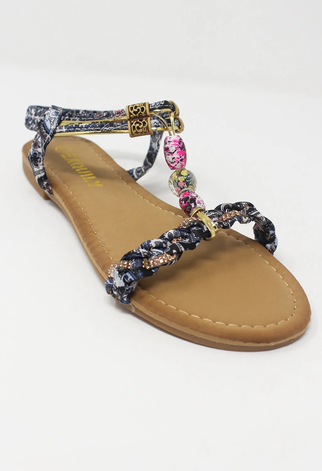 Black Multi coloured T Strap Sandal