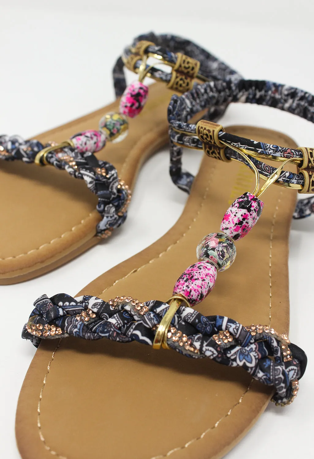 Black Multi coloured T Strap Sandal