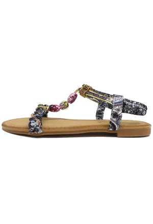 Black Multi coloured T Strap Sandal