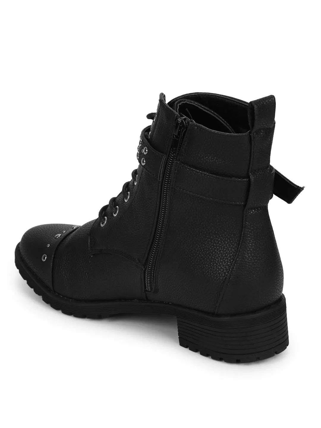 Black PU Studded Lace Up Ankle Boots (TC-JADE34-BLACKMILPU)