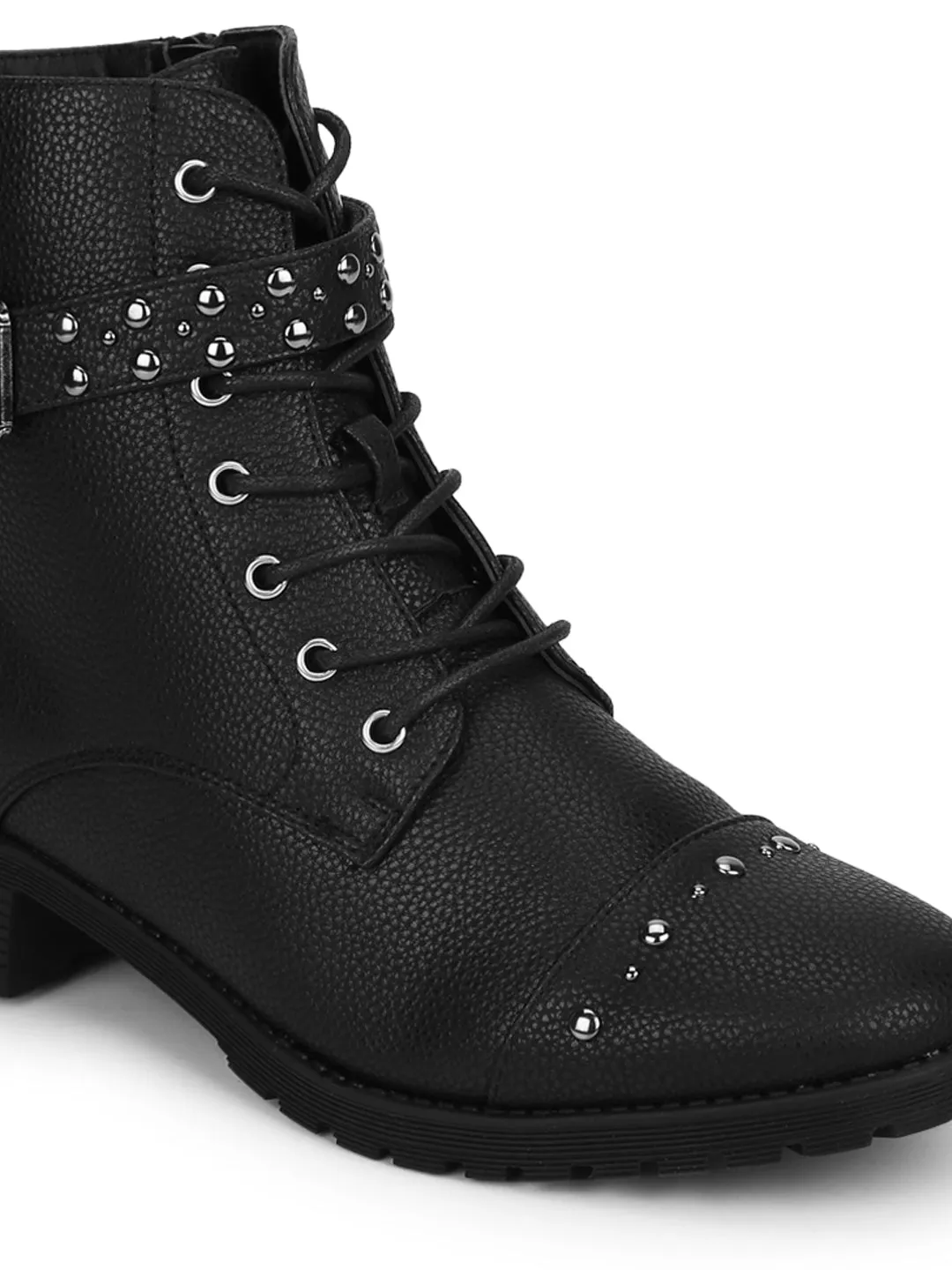 Black PU Studded Lace Up Ankle Boots (TC-JADE34-BLACKMILPU)