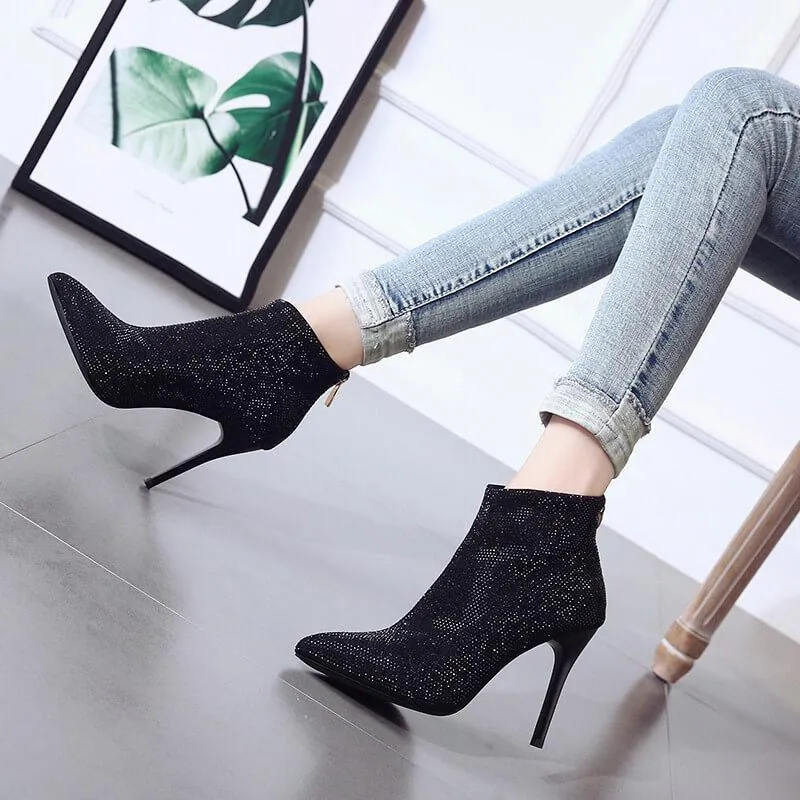 Black Rhinestone High Heel Ankle Boots