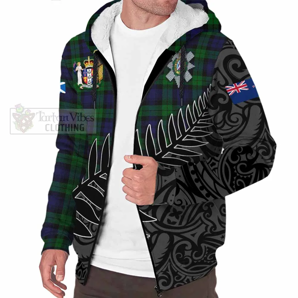 Black Watch Crest Tartan Sherpa Hoodie with New Zealand Silver Fern Half Style