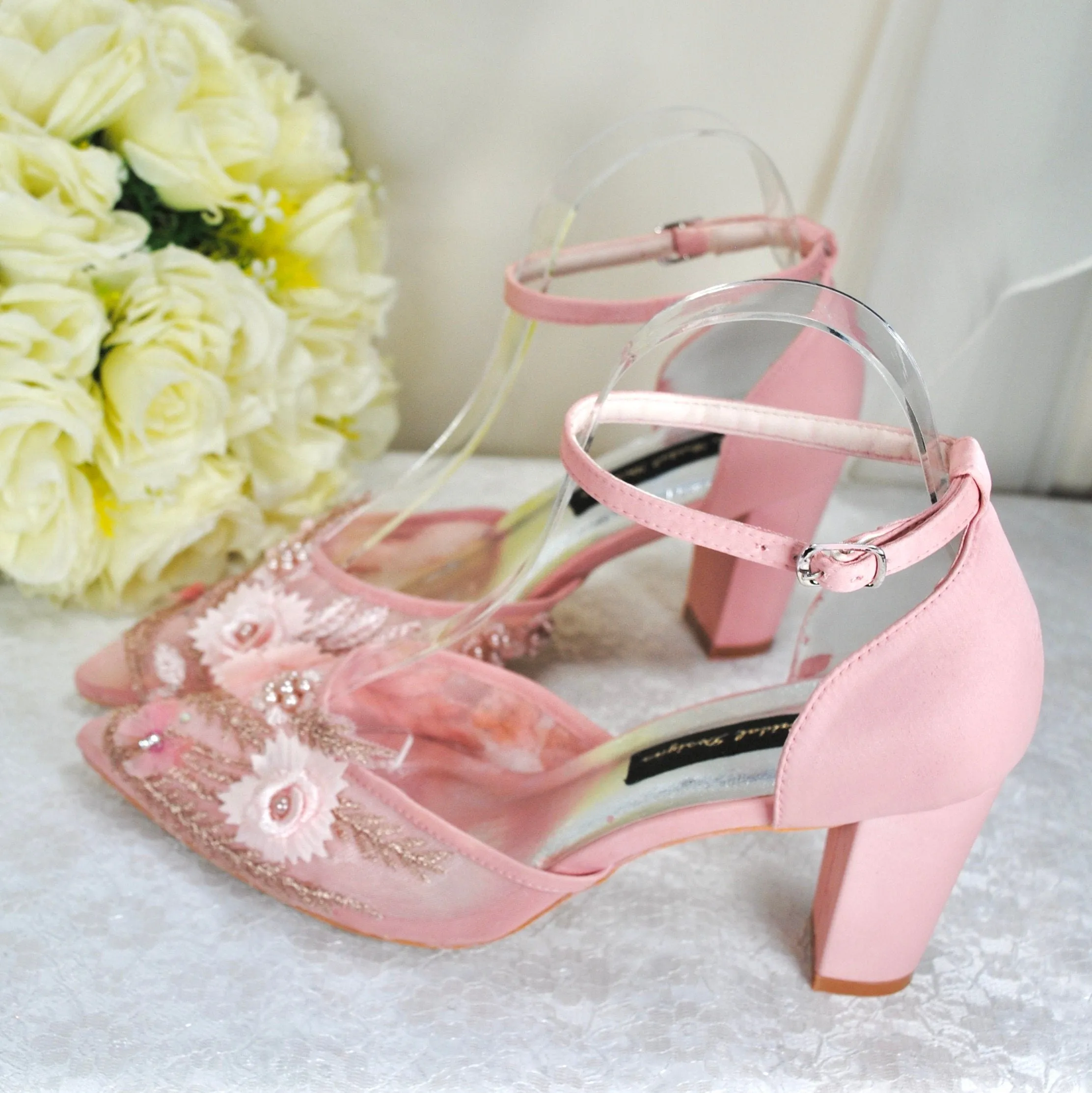 Blush Pink & Rose Gold Wedding Sandals for Bride - UK7/US9.5