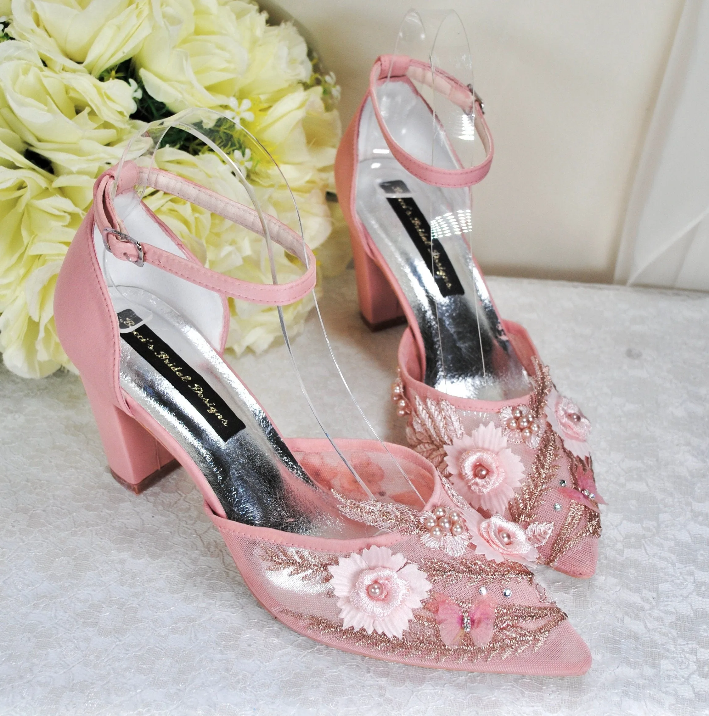 Blush Pink & Rose Gold Wedding Sandals for Bride - UK7/US9.5