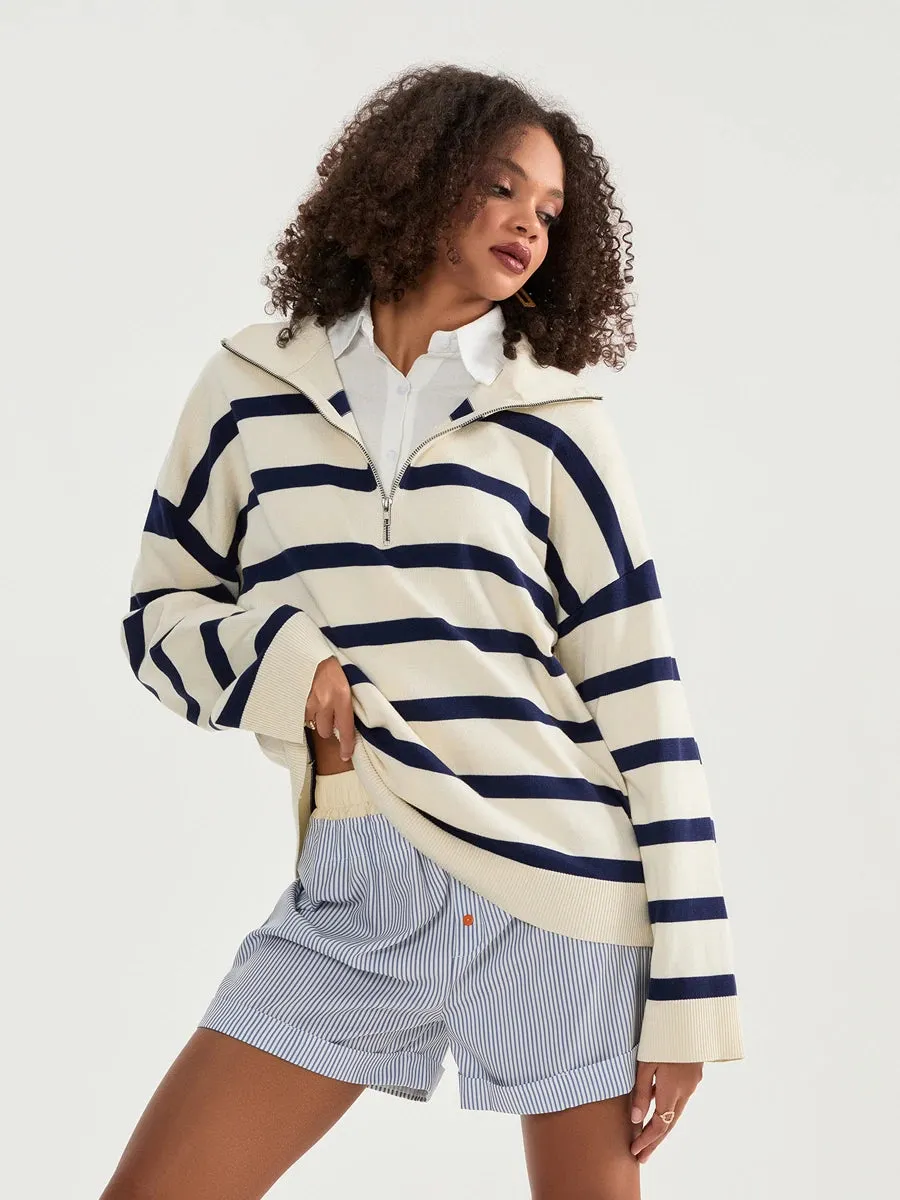 Bold Contrasting Stripe Half-Zip Pullover