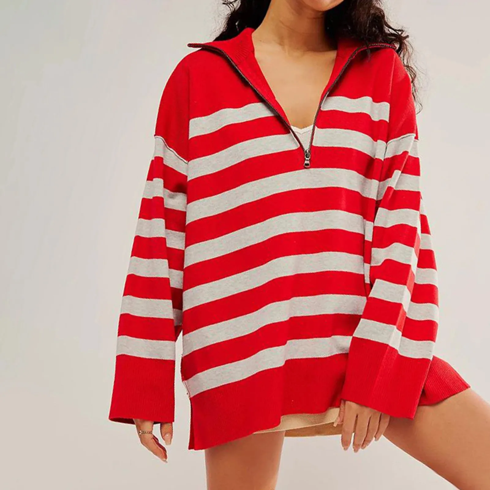 Bold Contrasting Stripe Half-Zip Pullover