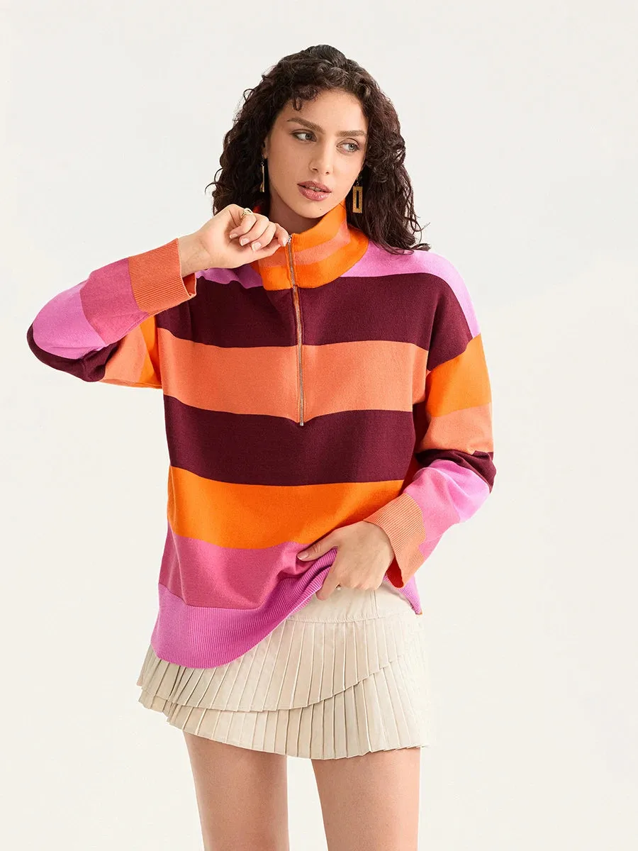 Bold Contrasting Stripe Half-Zip Pullover