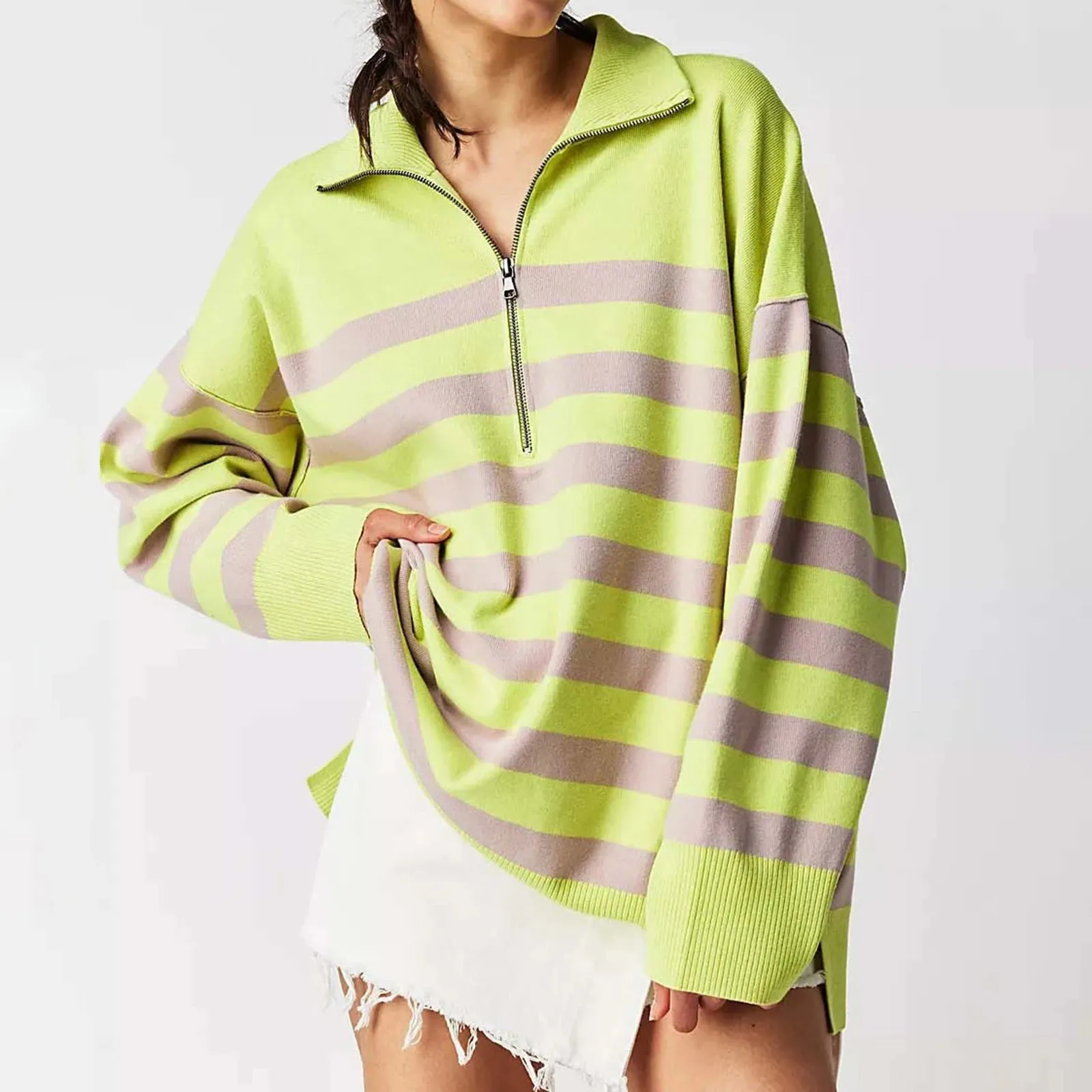 Bold Contrasting Stripe Half-Zip Pullover