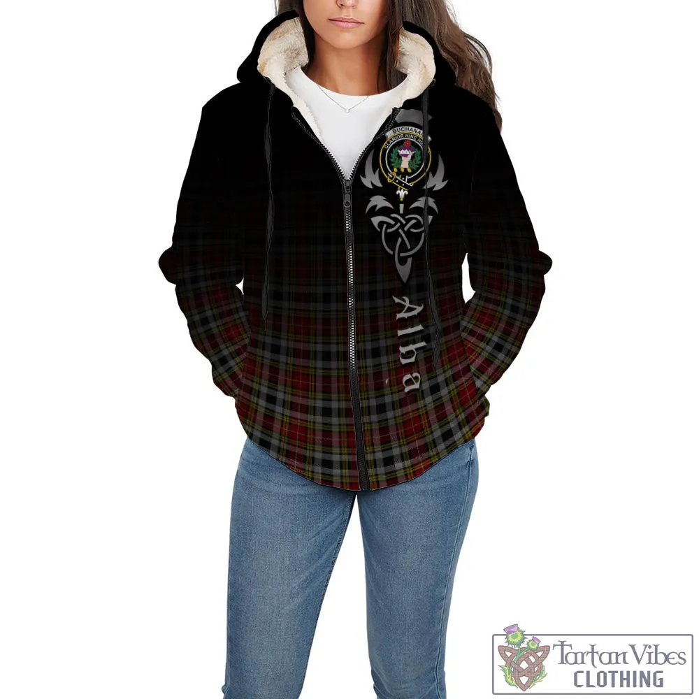 Buchanan Old Dress Tartan Sherpa Hoodie Featuring Alba Gu Brath Family Crest Celtic Inspired