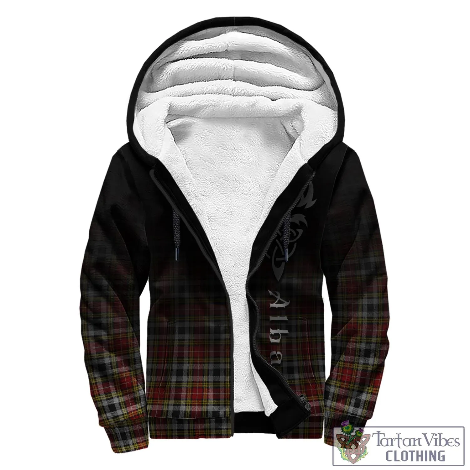 Buchanan Old Dress Tartan Sherpa Hoodie Featuring Alba Gu Brath Family Crest Celtic Inspired