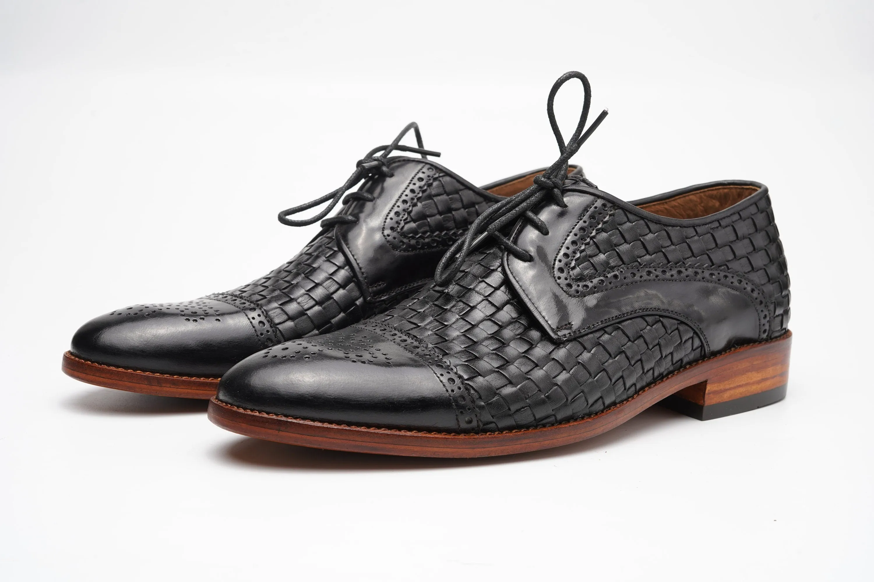 Cap Toe Derby Brogue leather  Shoes for men made using Hand woven black aniline