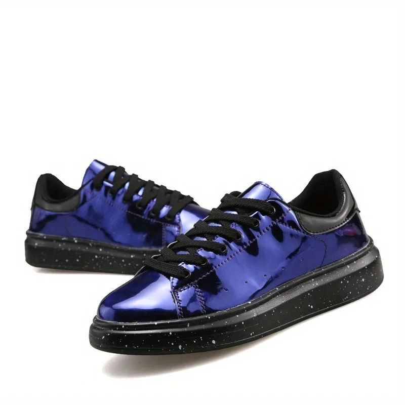 Chic Men's Faux Patent Leather Sneakers - Stylish Low Top with Non-Slip Sole, Comfortable Lace-Up for Outdoor & Everyday Wear