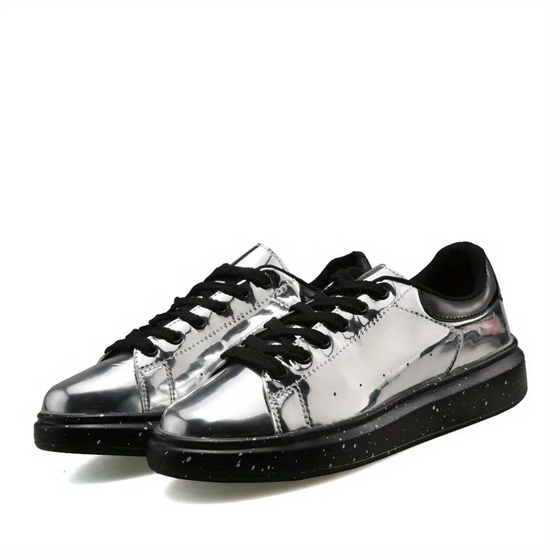 Chic Men's Faux Patent Leather Sneakers - Stylish Low Top with Non-Slip Sole, Comfortable Lace-Up for Outdoor & Everyday Wear