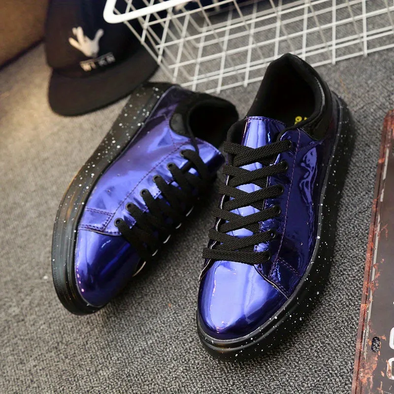 Chic Men's Faux Patent Leather Sneakers - Stylish Low Top with Non-Slip Sole, Comfortable Lace-Up for Outdoor & Everyday Wear