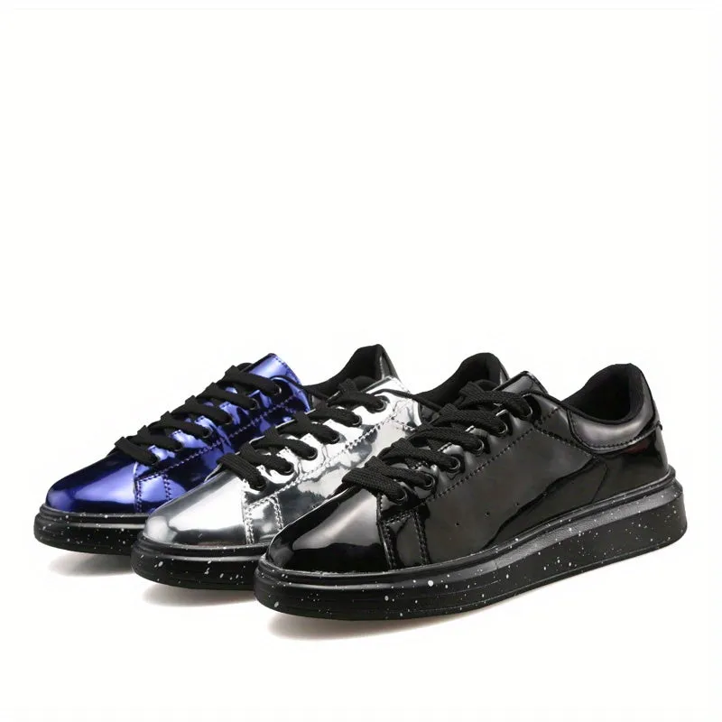 Chic Men's Faux Patent Leather Sneakers - Stylish Low Top with Non-Slip Sole, Comfortable Lace-Up for Outdoor & Everyday Wear