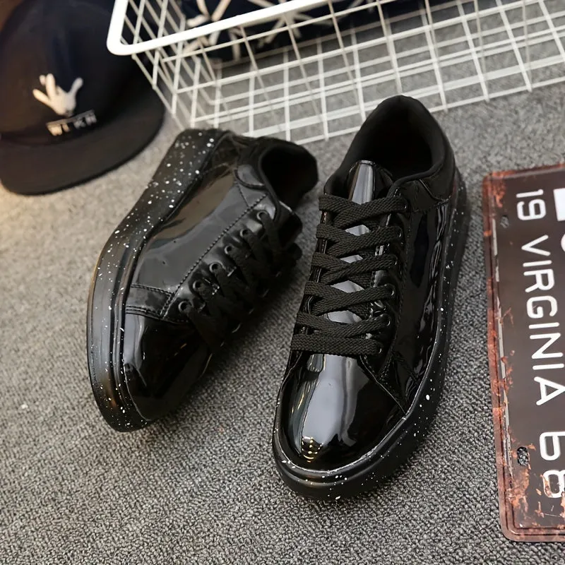 Chic Men's Faux Patent Leather Sneakers - Stylish Low Top with Non-Slip Sole, Comfortable Lace-Up for Outdoor & Everyday Wear