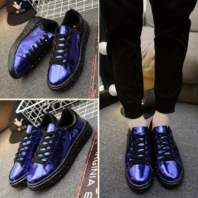 Chic Men's Faux Patent Leather Sneakers - Stylish Low Top with Non-Slip Sole, Comfortable Lace-Up for Outdoor & Everyday Wear