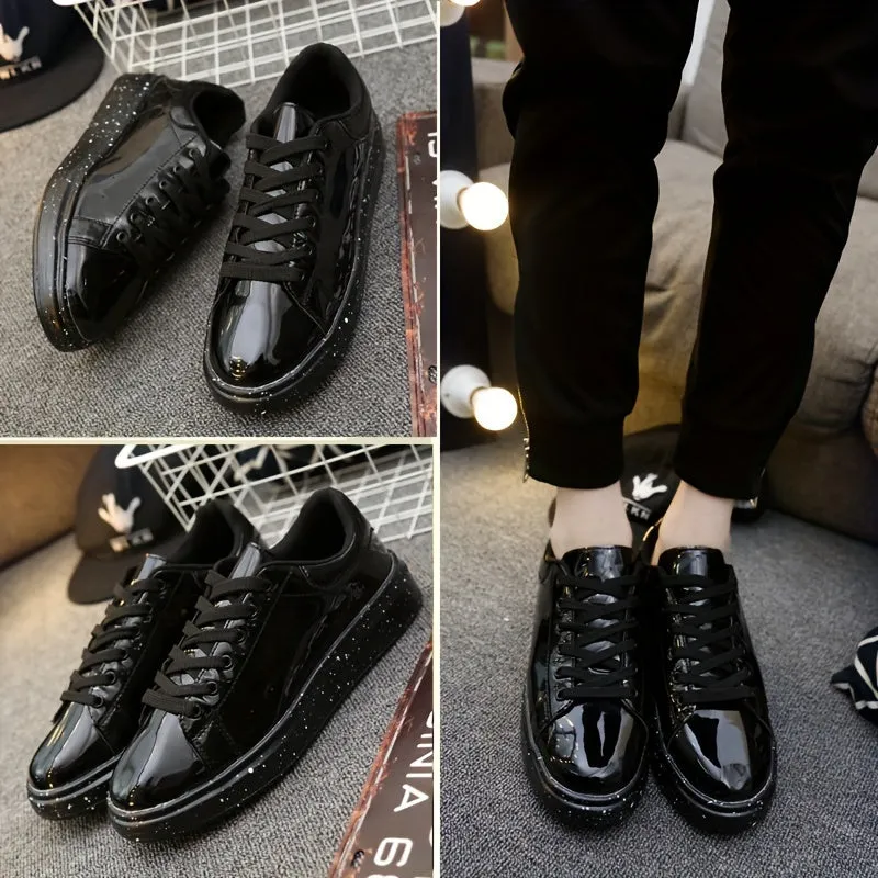 Chic Men's Faux Patent Leather Sneakers - Stylish Low Top with Non-Slip Sole, Comfortable Lace-Up for Outdoor & Everyday Wear