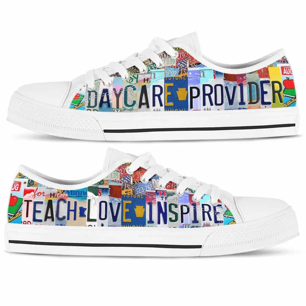 Daycare Teacher License Plate Teach Love Inspire Low Top Shoes, Teacher Shoes, Low Top Sneakers