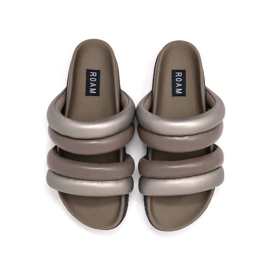 Dbldbl Puff Puff Sandals in Gunmetal & Taupe Vegan Leather