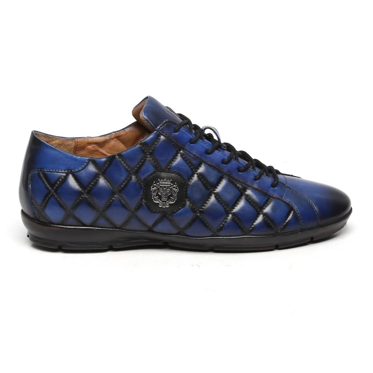 Diamond Stitched Blue Leather Sneakers