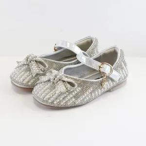 Doe a Dear Pearl & Rhinestone Bow SILVER Girls Dress Shoes