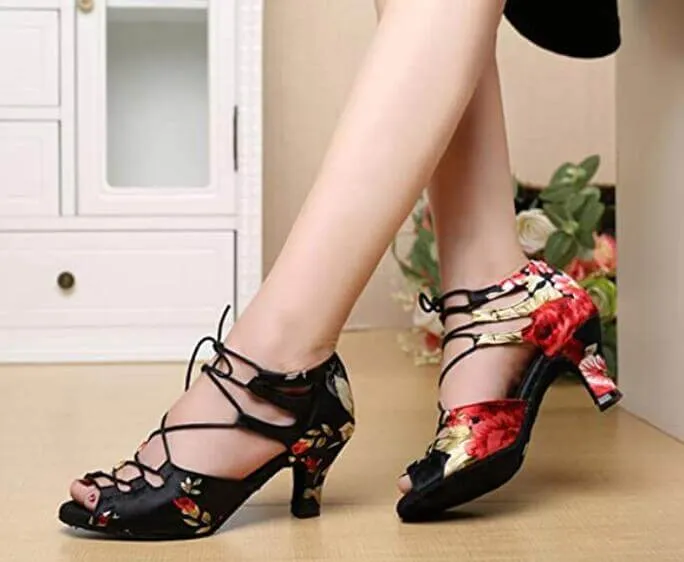 Flower Satin Lace Up Latin Salsa Bachata Dance Heels