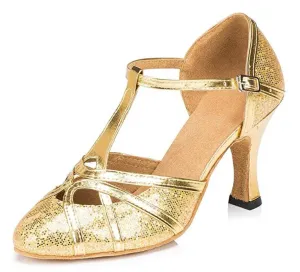 Gold Glitter T Straps Ballroom Latin Salsa Waltz Dance Shoes