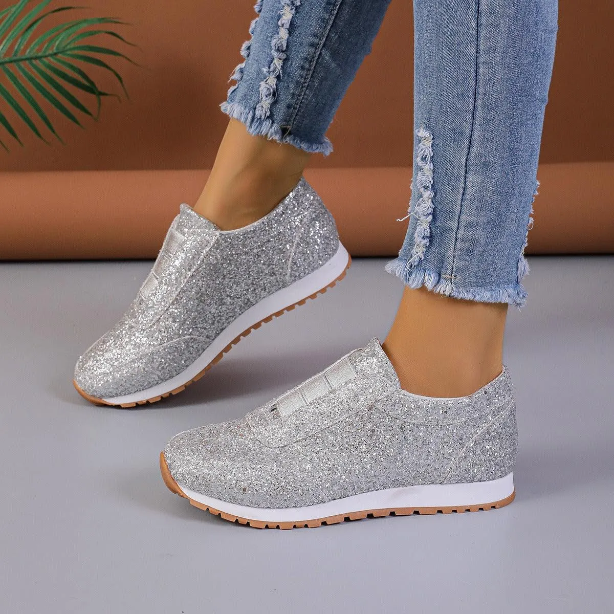 Gold Sliver Sequined Flats New Fashion Casual Round Toe Slip-on Shoes Women Outdoor Casual Walking Running Shoes